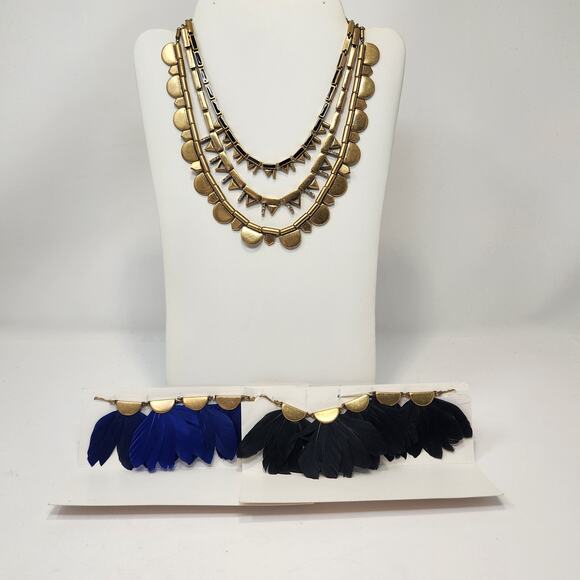 Stella and Dot Plume Gold Tone Black Blue Layered Statement Necklace Multi Wear - Picture 1 of 8